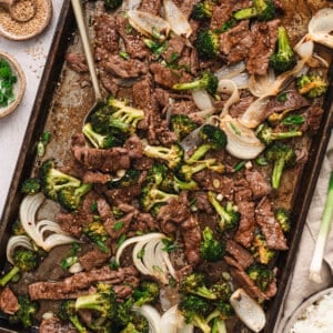 Overhead view of sheet pan beef & broccoli