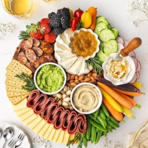 Overhead view of a spring charcuterie board