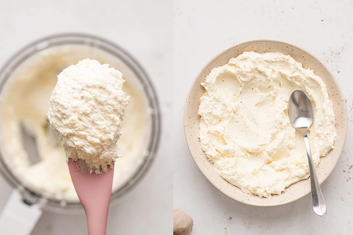 whipped feta on serving spoon and in bowl