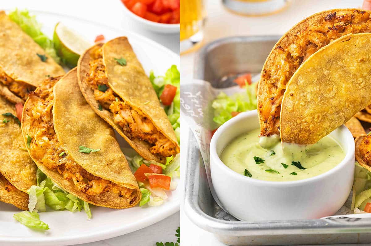 A plate of air fryer chicken tacos and one being dipped in avocado cilantro sauce