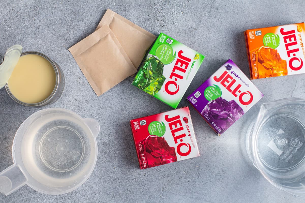 boxes of lime, orange, grape, and cherry jello