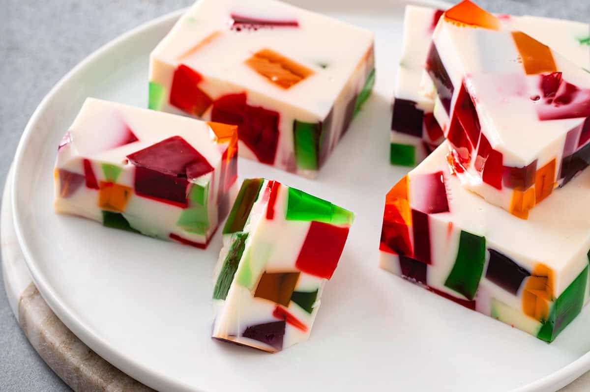 slices of broken glass jello on plate