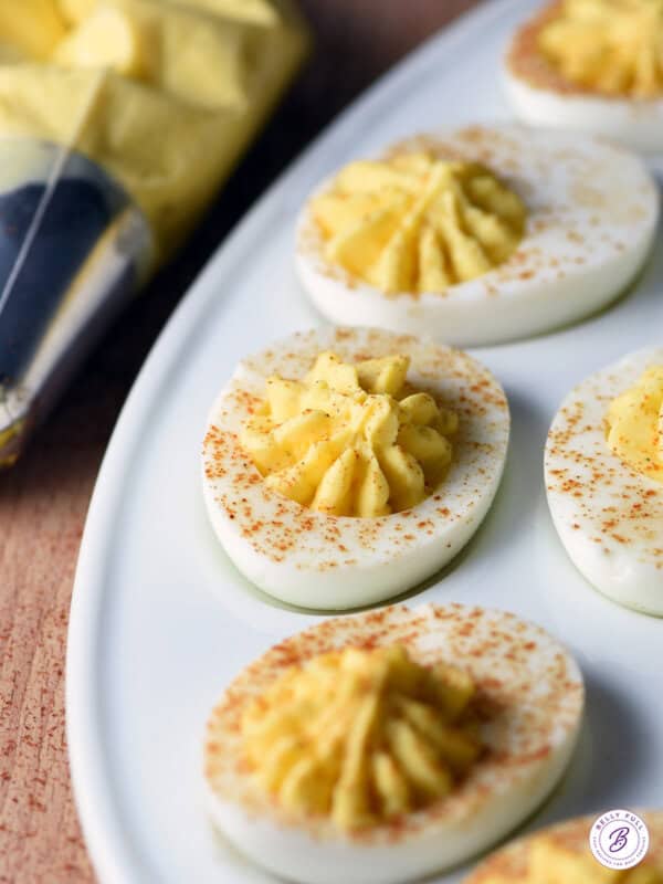 close up deviled eggs on deviled egg tray