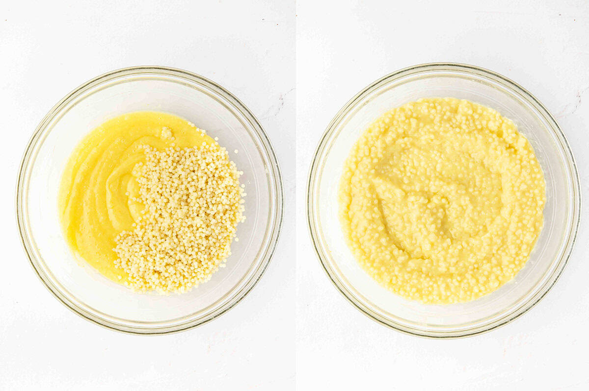 Acini di pepe folded into vanilla pudding