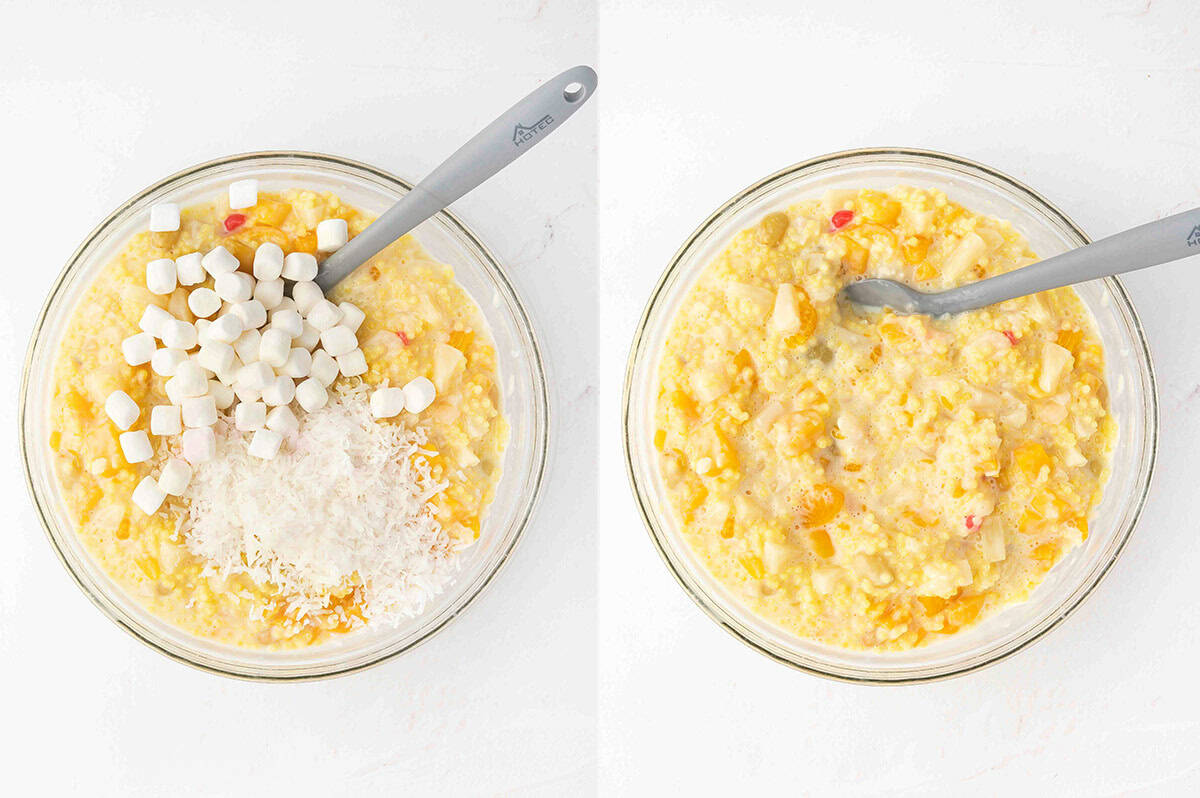 Stirring marshmallows and coconut into frog eye salad