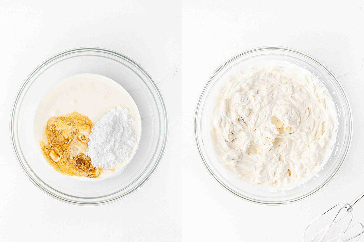 A bowl of homemade whipped cream ingredients and a bowl of whipped cream