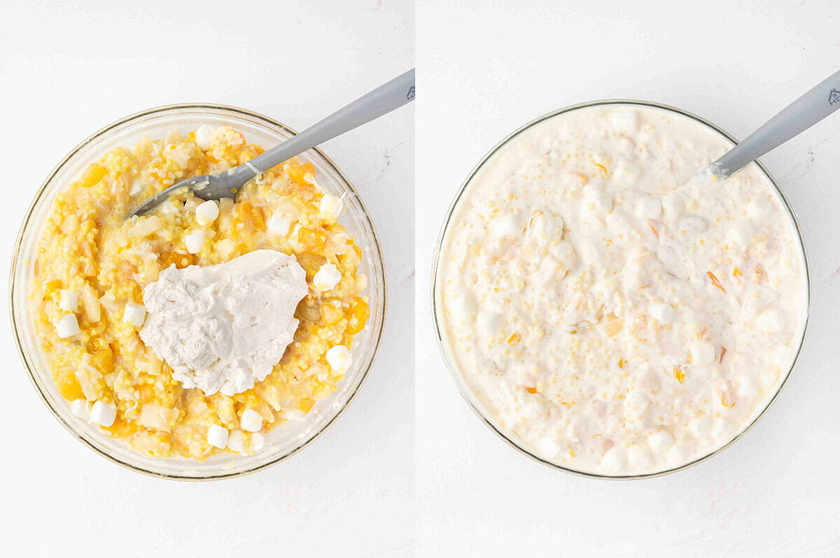 Stirring whipped cream into frog eye salad