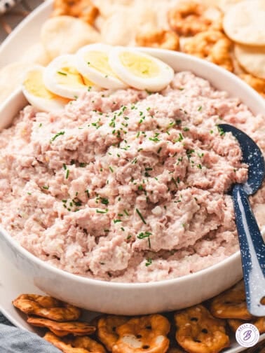 deviled ham salad in bowl with serving spoon