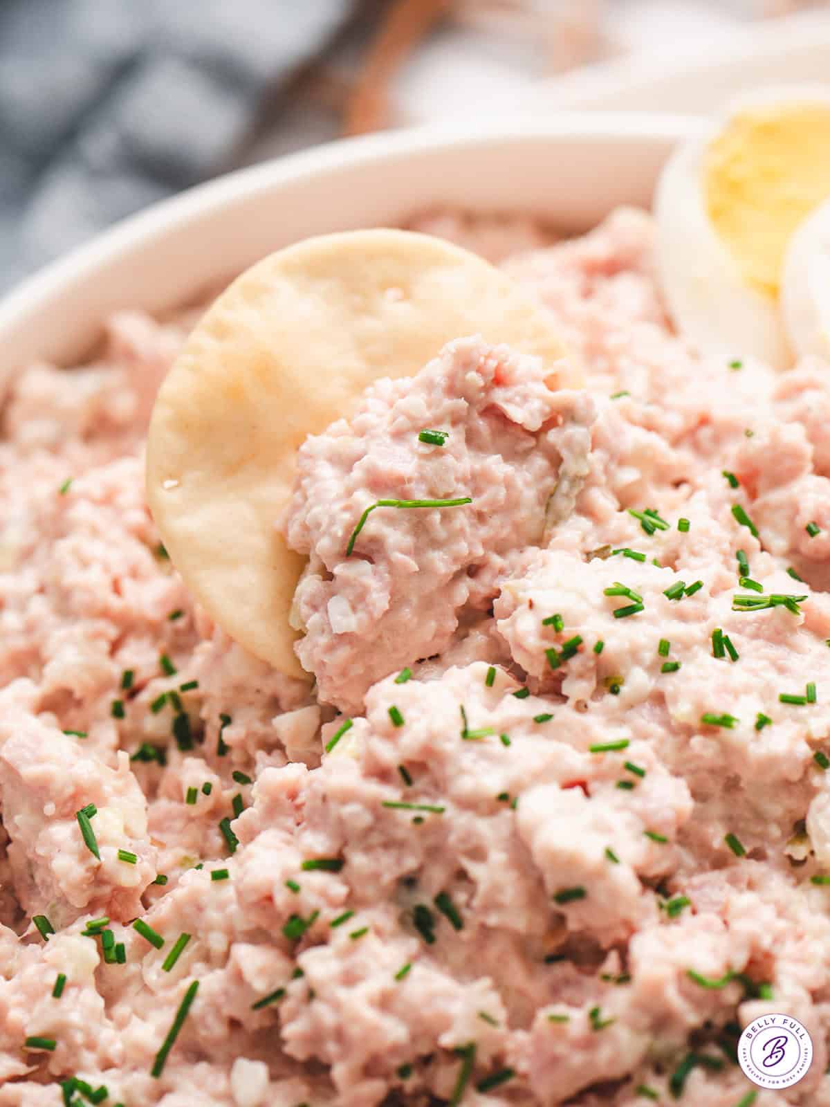 close up ham salad on cracker