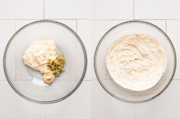 mayo based dressing for ham salad in being mixed in bowl