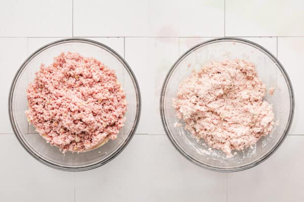 ham salad being mixed in bowl