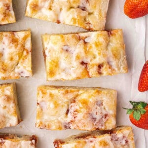 Overhead view of sliced jelly donut focaccia