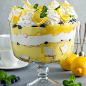 layered lemon trifle with piped whipped cream