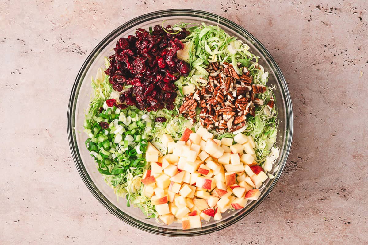 Shaved brussels sprouts, dried cranberries, nuts, and apples in a bowl