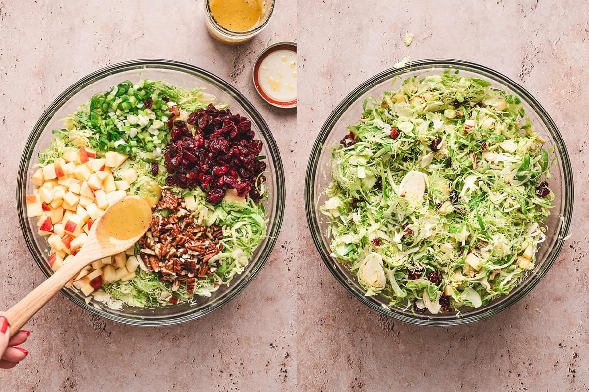 Adding vinaigrette to shaved brussels sprouts salad