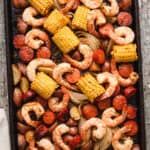 Overhead view of a sheet pan shrimp boil