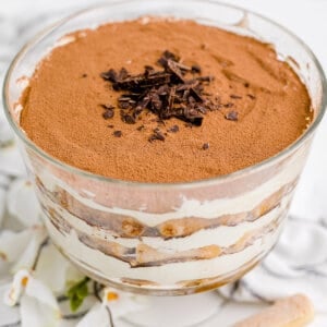 layered Tiramisu trifle in glass trifle dish