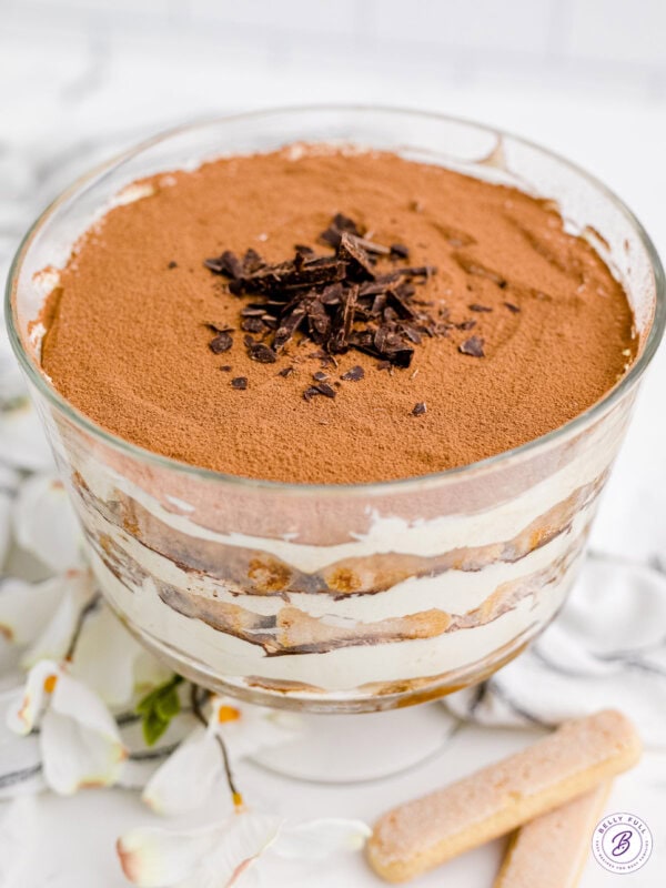 layered Tiramisu trifle in glass trifle dish