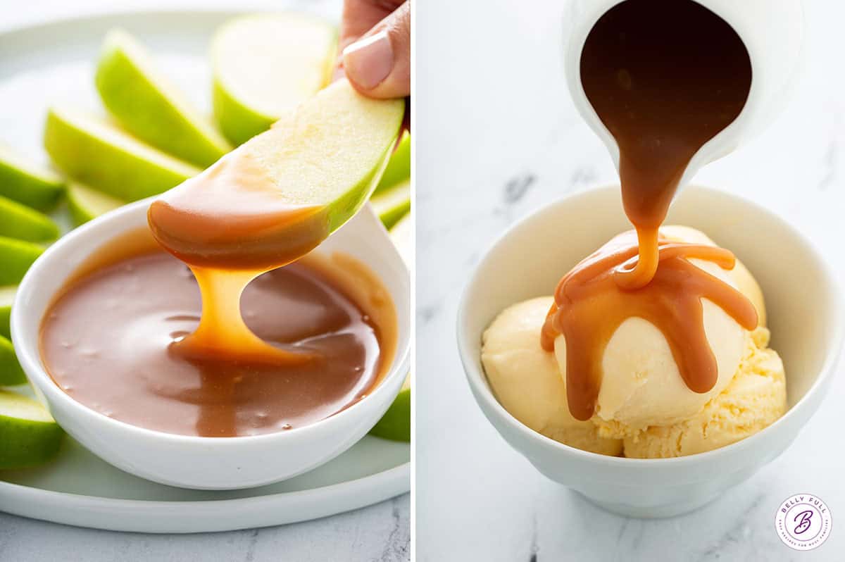 caramel sauce on apple slices and over vanilla ice cream
