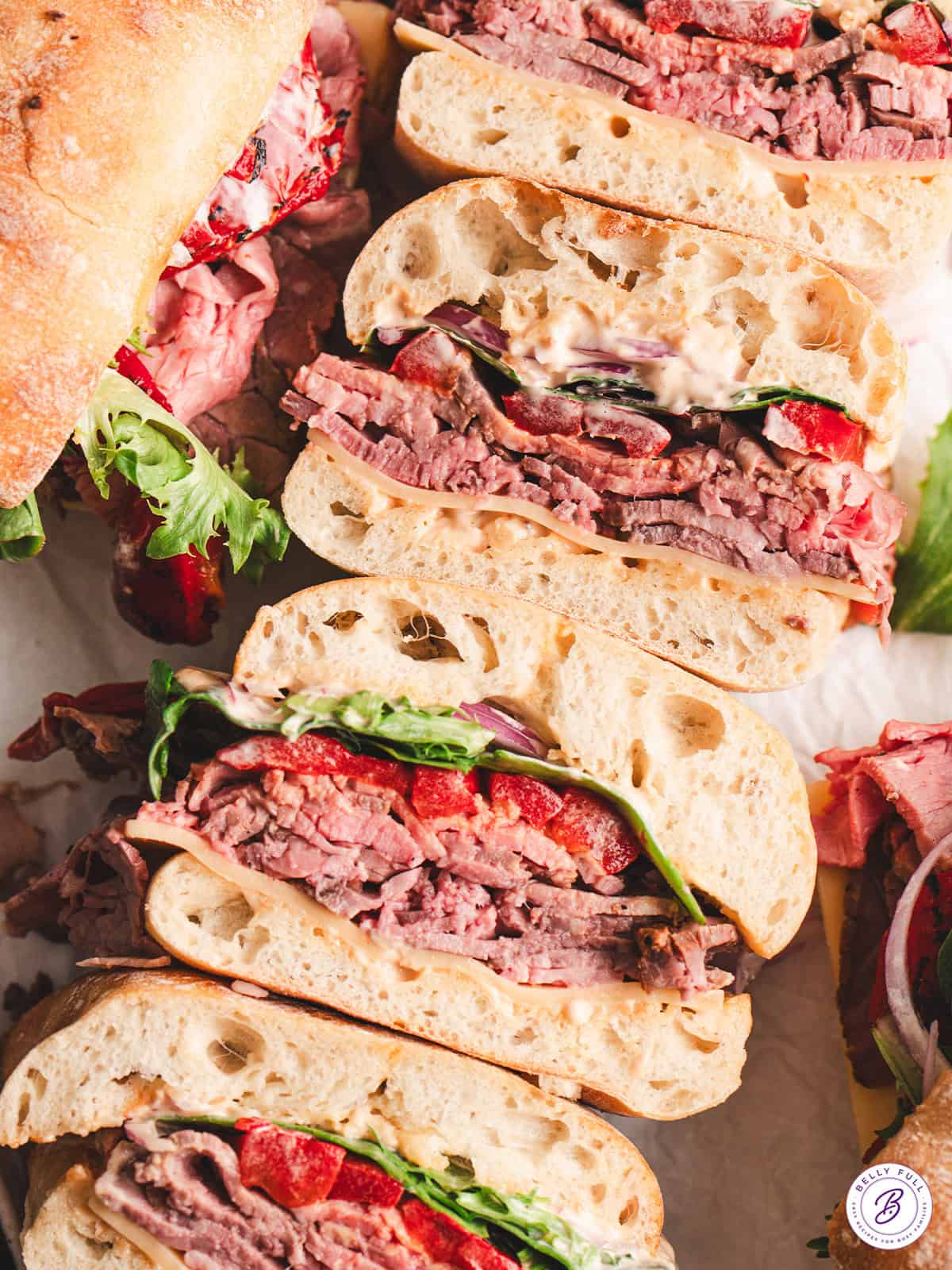 El Matador sandwich cut in half and piled on each other