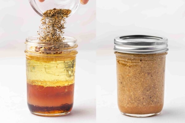 ingredients for vinaigrette dressing being mixed in jar