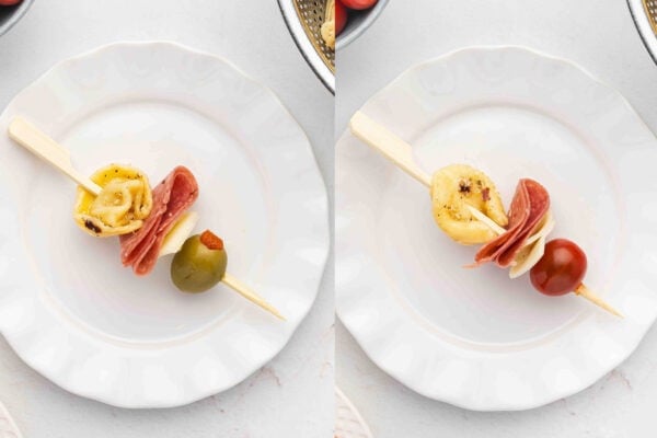 Mini Tortellini Kabobs with salami, cherry tomatoes, olives, and cheese