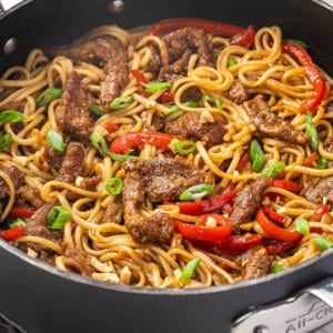 A skillet of Mongolian beef noodles