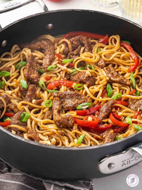 A skillet of Mongolian beef noodles
