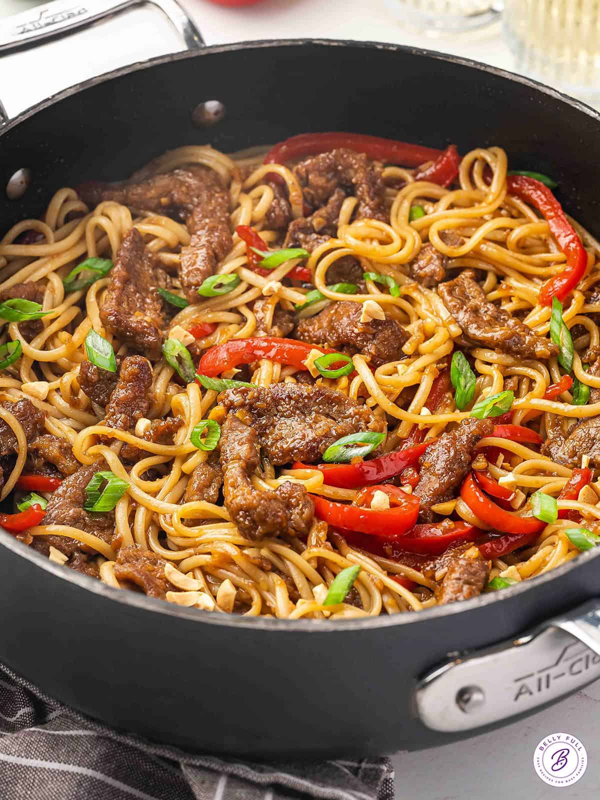 A skillet of Mongolian beef noodles