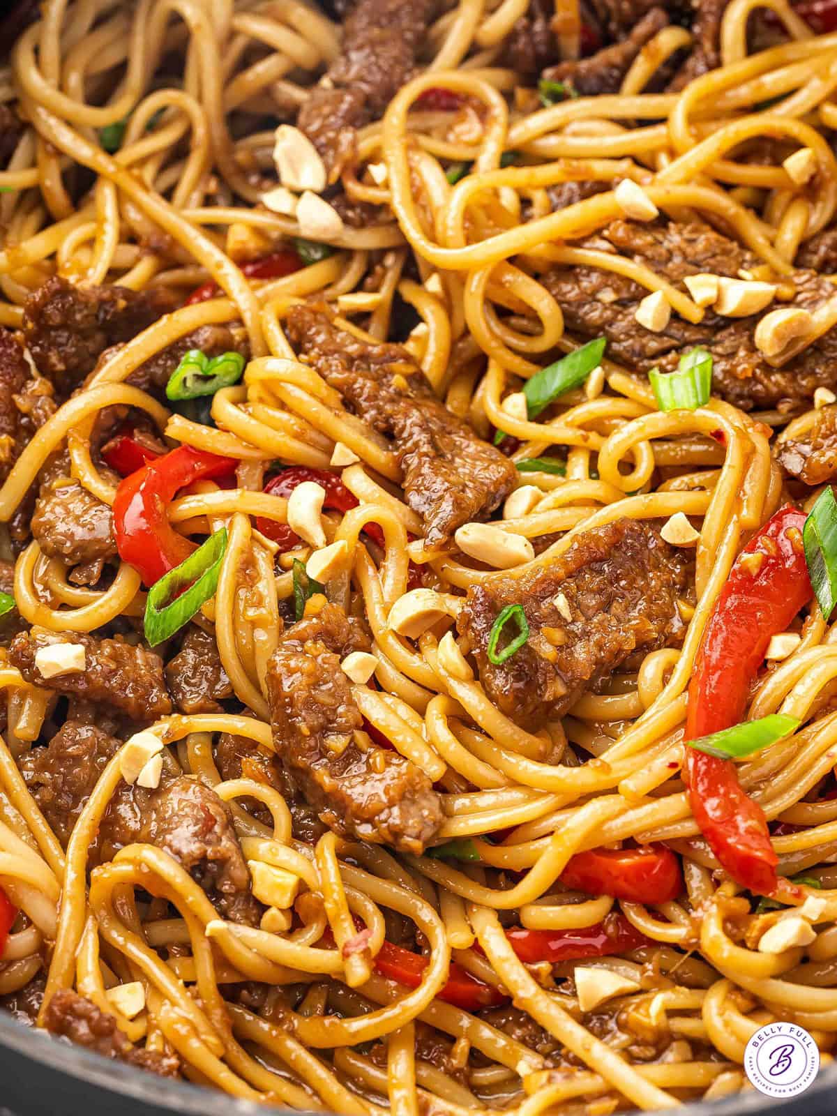 Overhead view of Mongolian beef noodles