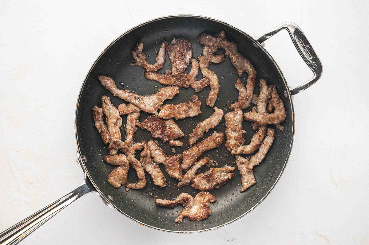 Strips of seared flank steak in a skillet