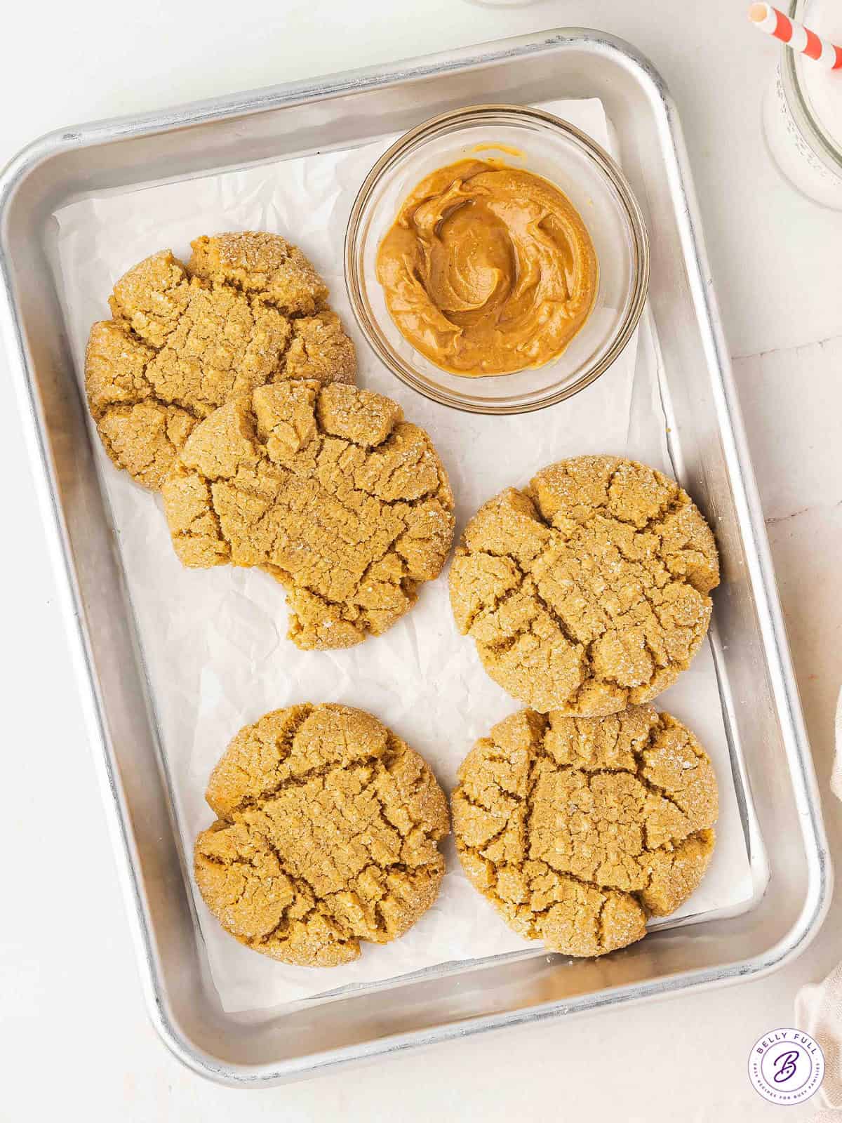 Overhead view of a platter of peanut butter cookies