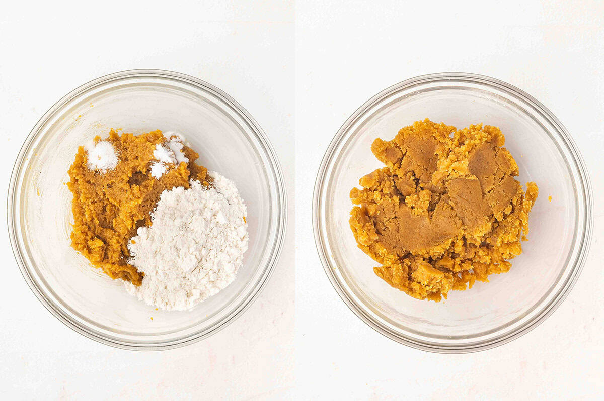 Adding the dry ingredients to peanut butter cookie dough