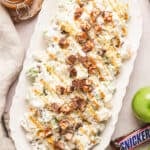 Overhead view of a platter of Snickers salad