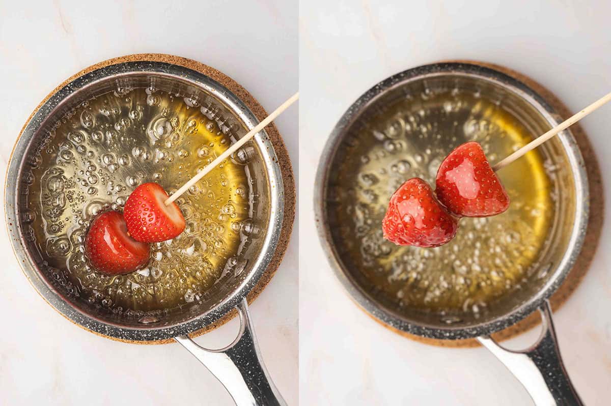 Strawberry tanghulu dipped into sugar water