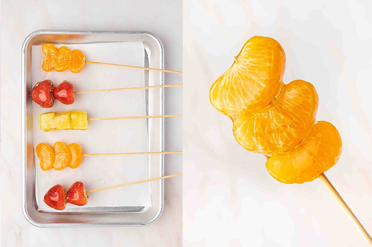 Tanghulu drying on parchment paper