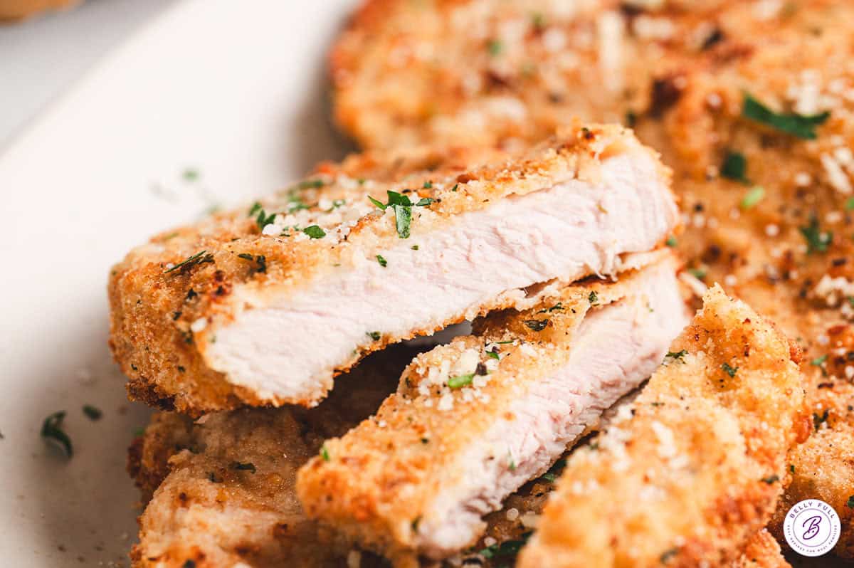 close up sliced breaded air fryer pork chops