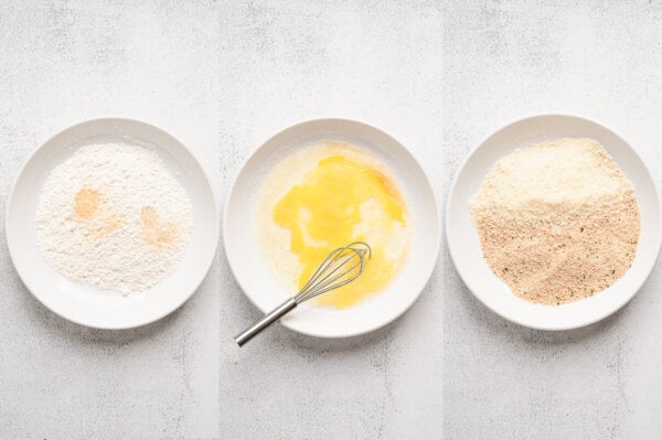 3 shallow bowls of flour, beaten eggs, and bread crumbs