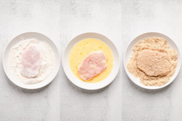 pork chops in flour, egg wash, and bread crumbs