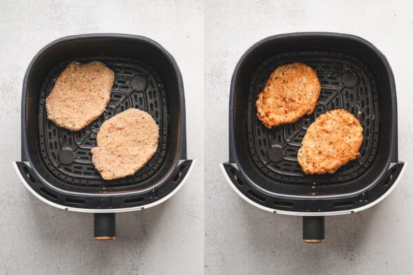 breaded uncooked and cooked poked chops in air fryer basket