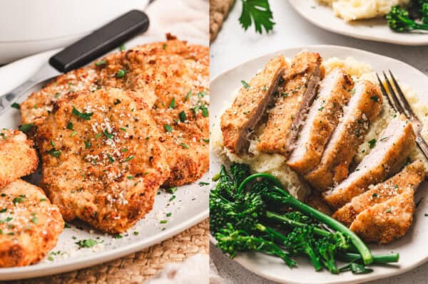 whole and sliced breaded air fryer pork chops on plate
