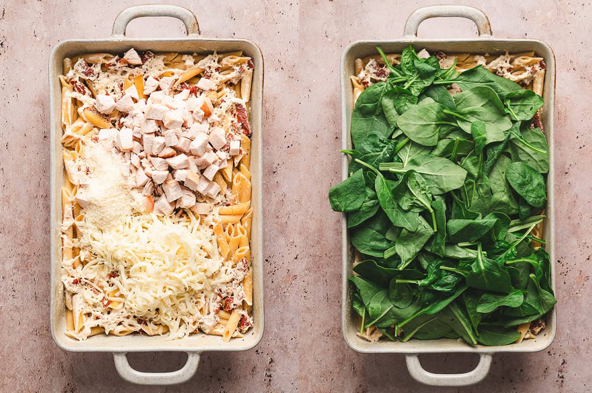 Adding cheese, chicken, and spinach to the pan with pasta