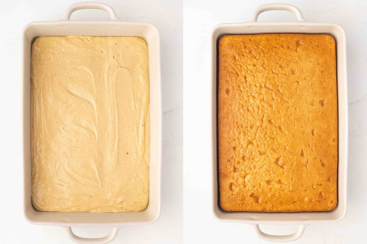 Vanilla cake before and after being baked