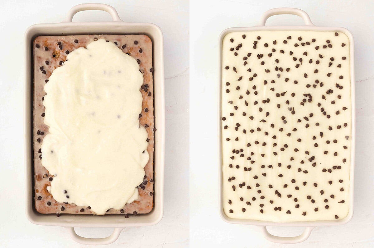 Spreading mascarpone frosting on a cake