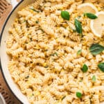 Overhead view of a pot of creamy corn pasta