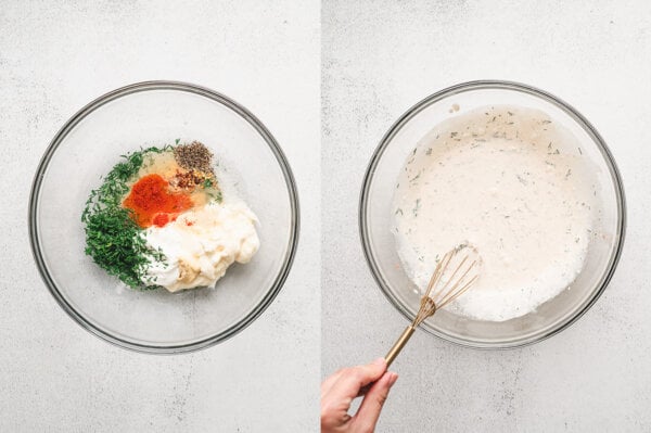 Whisking the ingredients for dill dressing