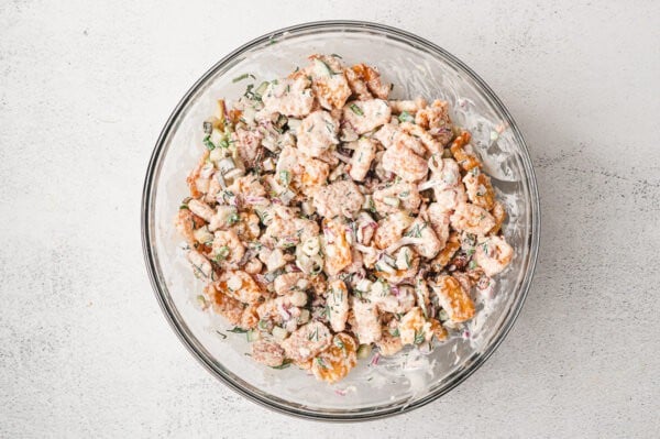 A bowl of dill pickle tater tot salad