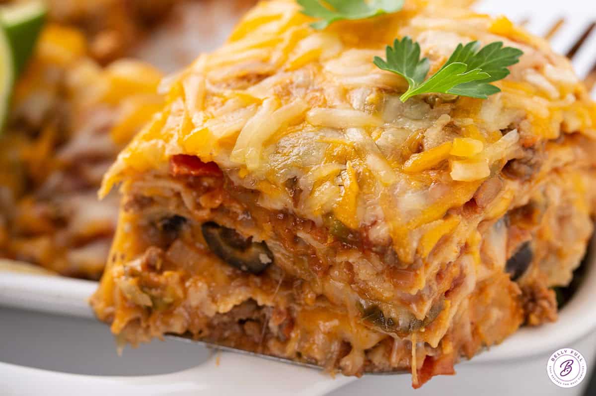 portion of Mexican Lasagna on serving spatula