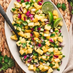 overhead image of Pineapple Cucumber Salad on white plate