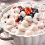 A bowl of red white blue fluff